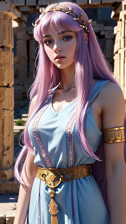 Masterpiece, a beautiful 18 years old hot girl with lilac hair in her palace, long wavy strawberry lilac hair, bangs over the forehead, eyes light grey-blue, (wearing an ancient greek doric tunic, wearing a Strophion, wearing a Peplos, wearing a full set o...