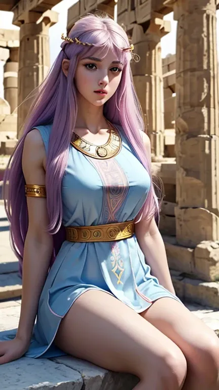 Masterpiece, a beautiful 18 years old hot girl with lilac hair in her palace, long wavy strawberry lilac hair, bangs over the forehead, eyes light grey-blue, (wearing an ancient greek doric tunic, wearing a Strophion, wearing a Peplos, wearing a full set o...