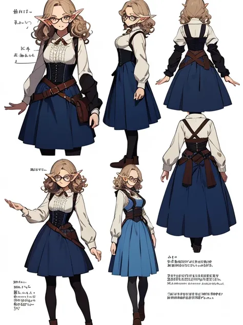 ((masterpiece)),(((highest quality))),(character design sheet, same character, front, ~ side, return), elf woman, Glasses, curly hair, bow, race, white sweater, corset, bright blue, blue long skirt, long skirt, bag, Pouch on the waist, Harness, toolsベルト, t...