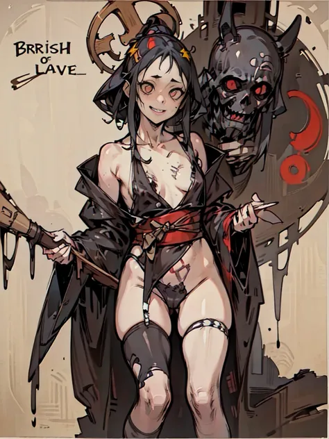 （nsfw）((Hardcore Punk Girl))、((British punk rock girl)), ((circus)), ((playing the guitar)),cartoon style, Horror elements, Comic book style illustrations, (drawing style), Japanese painting, full body (Spooky), Japanese carving, primitive art, circus, cra...