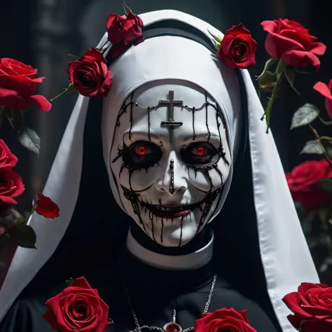 a creepy nun with roses in her hair, promotional images, love death + robots, love death and robots, an evil nun, still from animated horror movie, vampire nun, spooky netflix still shot, horror smile, promo image, horror cgi 4 k, asylum, by Guillermo del ...