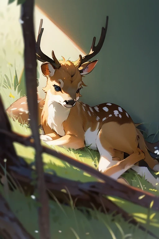 masterpiece, best quality, best quality, masterpiece, focus, anime style, Deer design, anime image, Baby fawn, smooth head, laying in grass field, sleepy