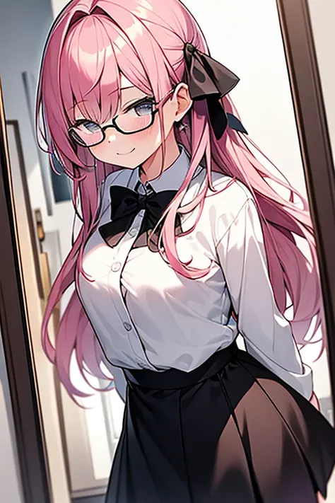 masterpiece,best quality, 1girl, pink hair, black eyes, smile, solo, closed mouth,looking at viewer, blush, long hair, bangs, upper body,skirt,bow,((wearing a glasses))