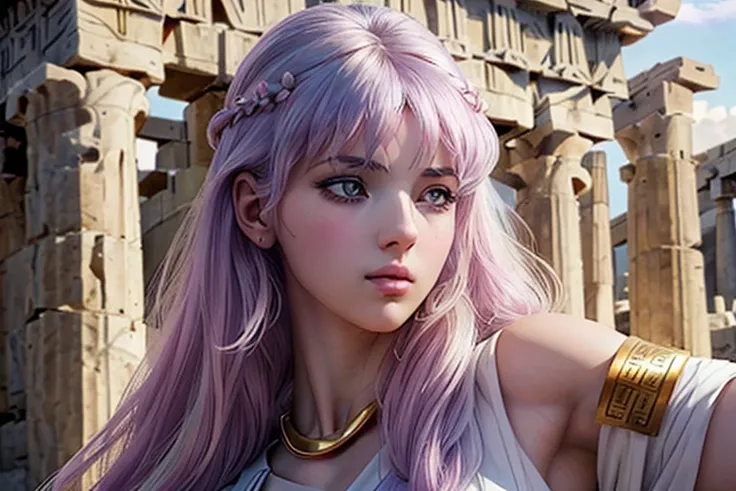 Masterpiece, a beautiful 18 years old hot girl with lilac hair, long wavy strawberry lilac hair, bangs over the forehead, eyes light grey-blue, (wearing an ancient greek doric tunic, wearing a Strophion, wearing a Peplos, wearing a full set of ancient gree...