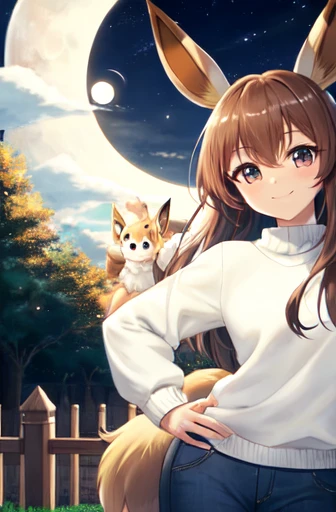 Eevee,hand on hip,light smile,moon,outdoors,sweater