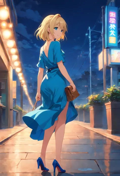 Blonde woman 17 years old, ojos azules ((pelo corto)) ((cuerpo entero)) vestido de noche azul sin espalda, high heels and handbag from back looking back and smiling , piso mojado de noche 