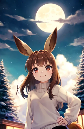 Eevee,hand on hip,light smile,moon,outdoors,sweater,1 giri