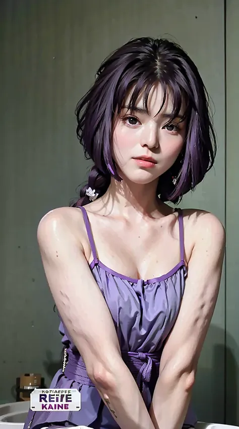 sumire kakei, single braid, purple hair, beauty, beautiful woman, perfect body, perfect breasts, using a towel, towel, white towel, in the bathroom, bathtub, shower, looking at the viewer, realism, a slight smile, masterpiece, skin textured, super detail, ...