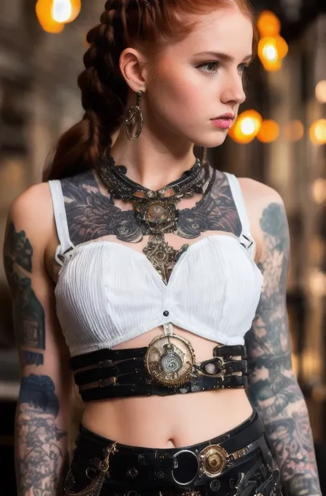 an steampunk girl at a , (white crop top:1.2), small breast, black and blue leather, tattoo, hyper detailed, ultra sharp, long auburn hair in braids, 8k, (insanely detailed:1.5), full body photograph, 20 megapixel, canon eos r3, detailed skin, pale skin