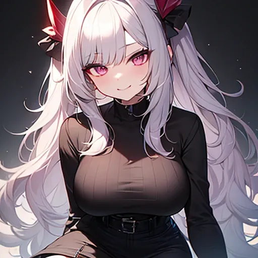 highest quality、silver hair、slanted eyes、pink eyes、pale skin、vampire、black long sleeve knitted outfit、big breasts、short skirt、kn...