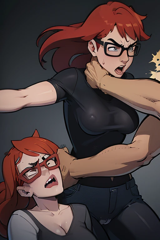 1woman, CARTOON_barbara _ownwaifu,cell Shading,anime coloring,black tank top, assaulted by a scary man,masterpiece,best quality,.ownwaifu.com,long hair,glasses,red hair,blue eyes,black-framed eyewear,breasts,under-rim eyewear,semi-rimless eyewear, curvy, t...