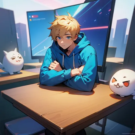 a guy relaxing at a table in a hoodie with a youtube promotional background (animated characters not realistic) and hes cute