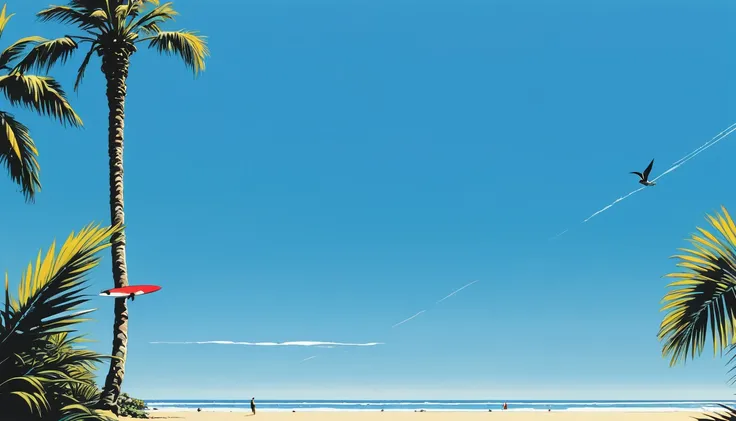 A simple illustration by Hiroshi Nagai　On the other side of the pool　Summer blue sky and beach　Tranquil scenery　calm sea　One tall palm tree　Silhouette of a seagull in the distance　Red and yellow surfboard