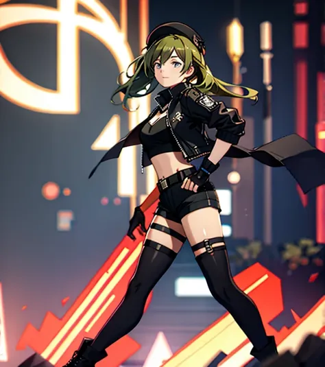 ubel,dark green hair,long hair,side ponytail,hair between eyes,bangs, BREAK (beret, black jacket, open clothes, cleavage, midriff, black shorts, black thighhighs, thigh strap, fingerless gloves, single glove:1.2) BREAK blurry background, BREAK pose, hand o...