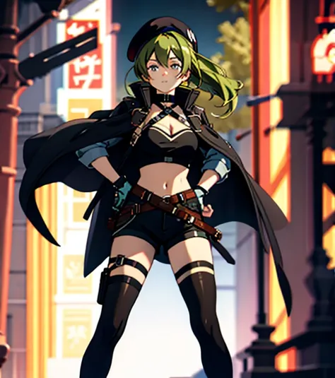 ubel,dark green hair,long hair,side ponytail,hair between eyes,bangs, BREAK (beret, black jacket, open clothes, cleavage, midriff, black shorts, black thighhighs, thigh strap, fingerless gloves, single glove:1.2) BREAK blurry background, BREAK pose, hand o...