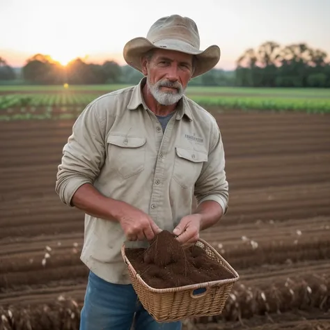 Farmer working diligently in the field, ((rugged appearance)), sun-kissed skin, ((worn work boots)), ((picked cotton cap)), ((soil stains on hands and forearms)), ((long sleeved shirt protecting from sun)), ((older model with experience etched on face)), (...