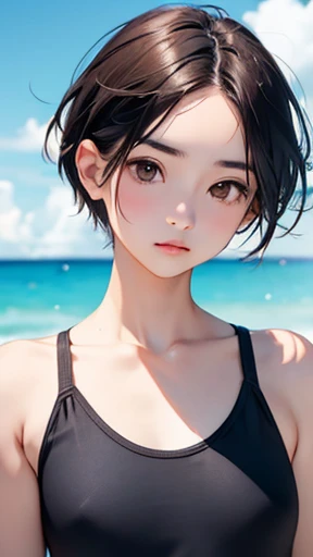 highest quality、realistic、Japanese、girl、zoom、look up、cute、brown eyes、very short hair、boyish、black hair、all back、The forehead is out、Ocean、light blue swimsuit、joy、close up face、slender、small breasts