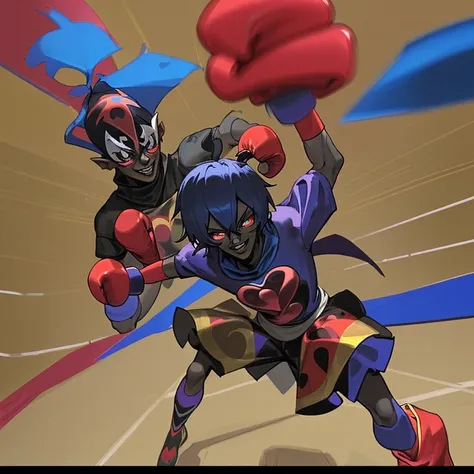 (black-skinned jester of the court) with fists in boxing position 