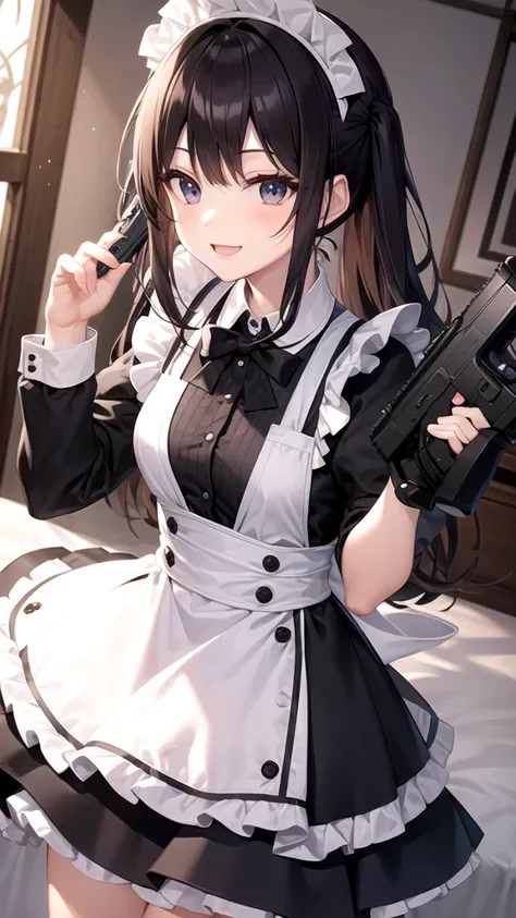 beautiful girl、Maid Cafe、Maid clothes、Upper body is shown、Dazzling smile、gun,