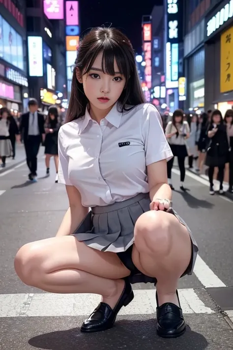 1womanl、(Super beautiful)、(beauitful face:1.5)、Clear pubic contours、Squatting、Spread your legs、pink lace panties、(high-school uniform)、(Grey pleated skirt)、(Wear black loafers)、(Sidewalk in Shibuya at night)、Neon sign、(At SFW:1.1)