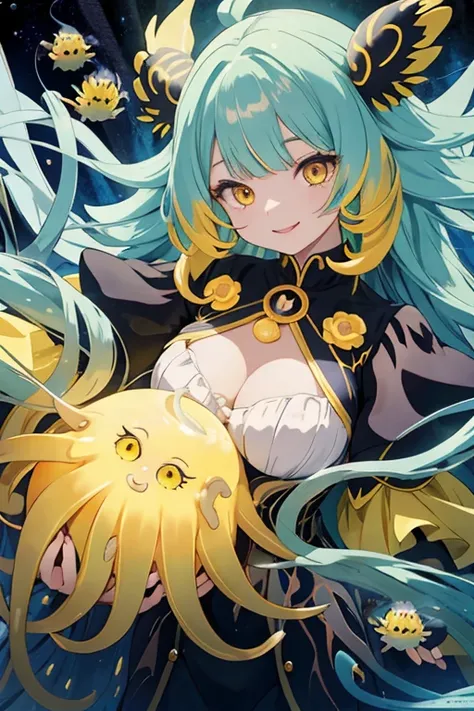 1 female、A female reincarnation of a sea anemone、detailed face、Yellow glowing eyes、Yellow and black multi-colored hair、Vivid warning color costume、soft body、flexible body、perfect proportions、Thick hair like a sea anemone、close up shot, Bewitching atmospher...