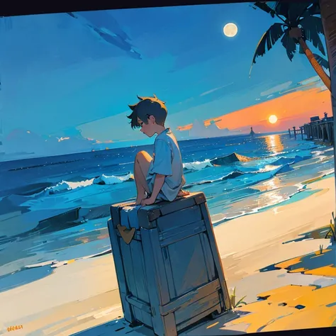 a teen age boy sadly sitted and seeing the big moon near the beach