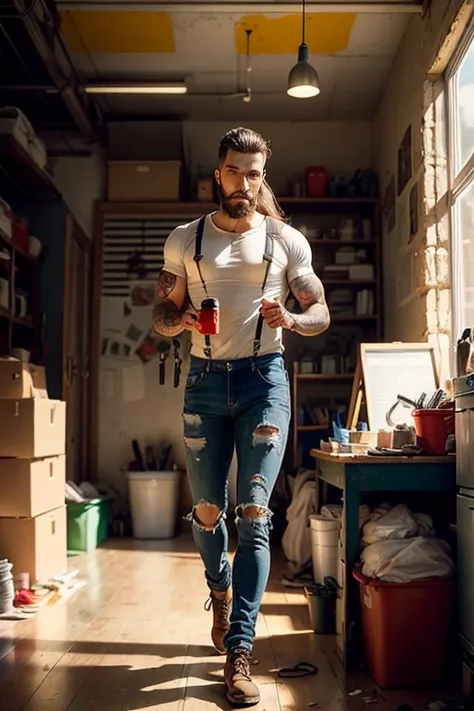 (Masterpiece),(Best quality),Brazilian man without tattooed,muscular,wearing a ripped jeans suspender,long hair,beard,fixing a car in a workshop,(red beetle with open motor,mechanics garage),tools,table right boxes,beer,tires on the floor,window,door to th...