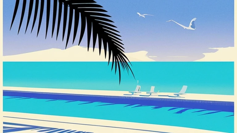 A simple illustration by Hiroshi Nagai　On the other side of the pool　Summer blue sky and beach　Tranquil scenery　calm sea　One tall palm tree　Seagull silhouette　２Two surfboards 