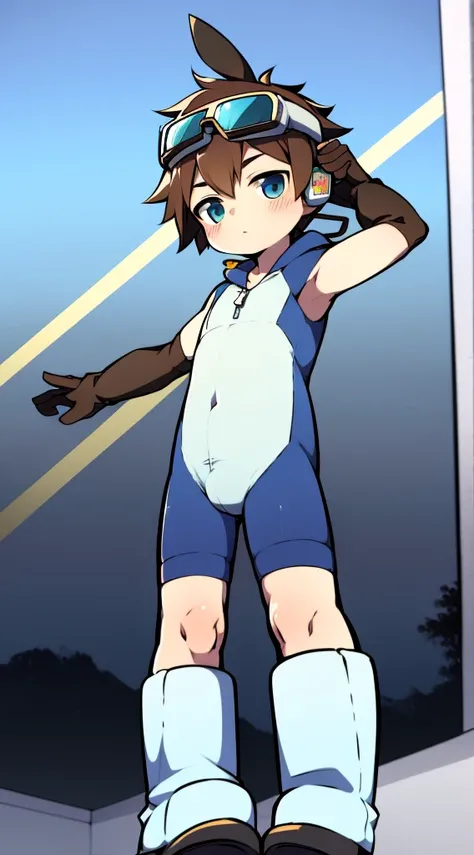 2D Boy Shota，One-piece ski suit，Slim, healthy body，Put the headphones on your head，stand up，goggles，Rabbit ears，cute gesture