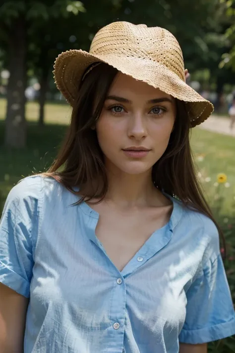 jeune femme de 25 ans, brune aux yeux bleus, portant une chemise colorée et entrouverte et avec un chapeau de paille. marchant dans lherbe et avec une marguerite entre les dents