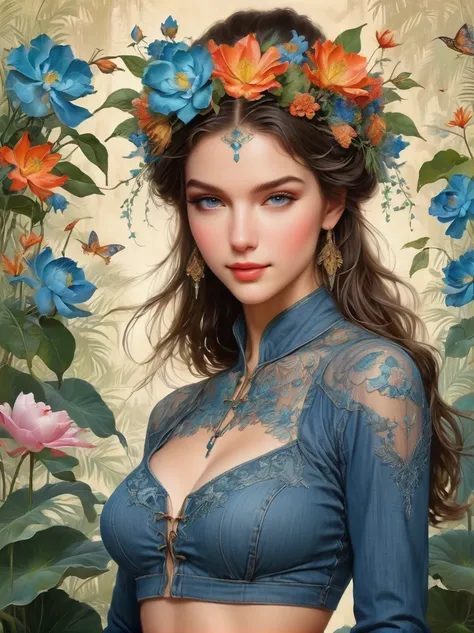 Summer tropical flower forest，Victoria&#39;s Secret Fashion Show，Beautiful western girl in denim blue sexy lace crop top，With flowers and plants，Perfectly symmetrical body shape，Beautiful, seamless, symmetrical face，complex，grace，Very detailed，8K，number，Tr...