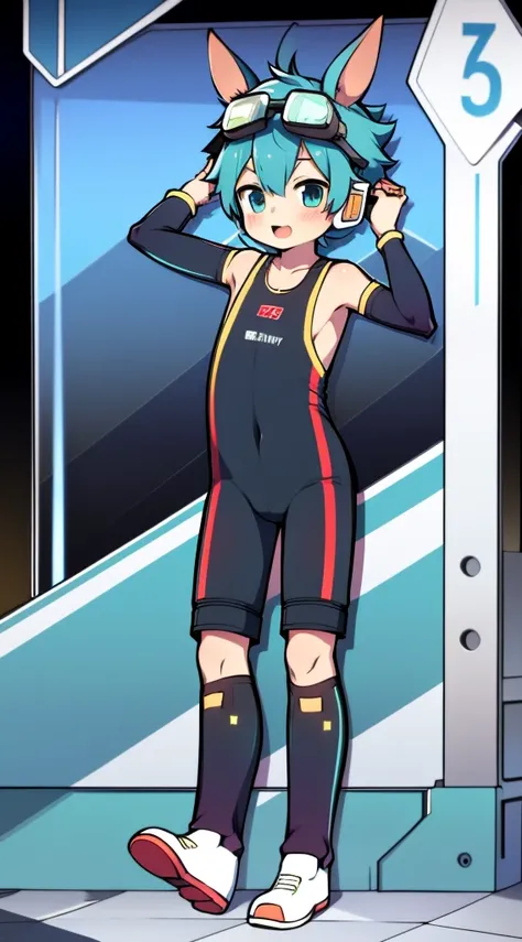 2D Boy Shota，One-piece racing suit，Slim, healthy body，Put the headphones on your head，stand up，goggles，Rabbit ears，happy