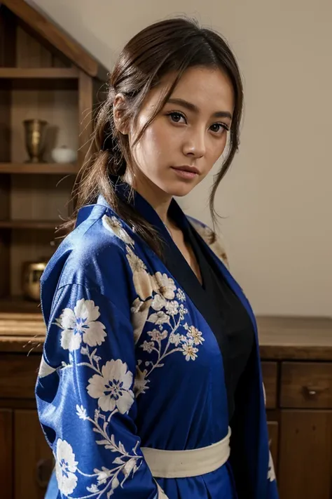 jeune femme de 25 ans, brune aux yeux bleus, portant un kimono de soie dans une maison traditionnelle japonaise