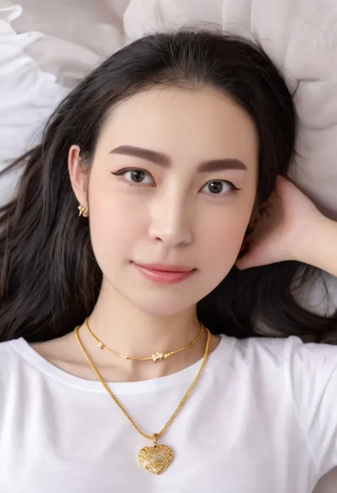 1 girl,8k, masterpiece,on bed, small gold necklace,lie down