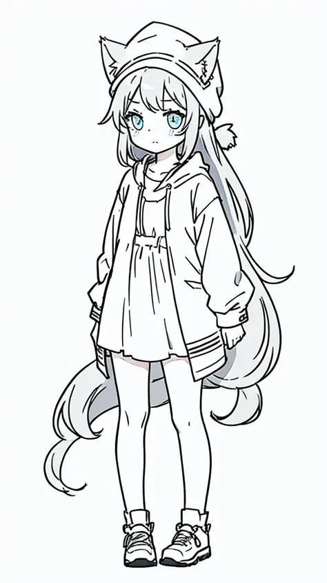 little girl，Simple drawing，minimalist lines，full-body shot，cute，Cat ear，long hair，Simple hairstyle，No bifurcation，hat