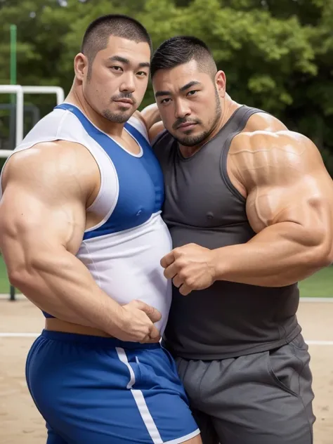 (sexy look:1.2), (hugging each other:1.2), (sports wear:1.2), (at play ground:1.2), japanese man, manly face, (round face:1.2), ...