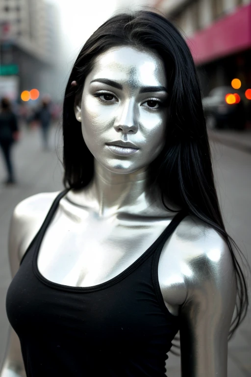 city street, neon , fog, volumetric, closeup portrait photo of beautiful young mexican woman silver living statue, intricate perfectly body head face metallic chrome silver paint, detailed facial head body, lifelike expression, living statue, metallic chro...