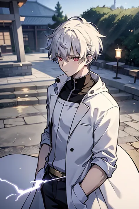 boy with white hair and red eyes, wearing a white suit with a black tailed coat standing in a shrine, a character portrait inspi...