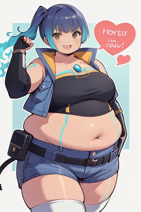 (Masterpiece, Best quality:1.2), Cowboy shot, Solo, 1girll, Years on (xenoblade), Smile, view the viewer, Jacket, Crop top, Shorts, upper legs, Elbow gloves, bbw, plump, large belly, large breasts, large thighs, love handles, wide hips, weight gain