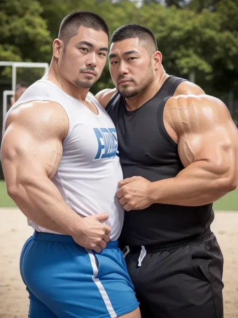 (sexy look:1.2), (hugging each other:1.2), (sports wear:1.2), (at play ground:1.2), japanese man, manly face, (round face:1.2), ...