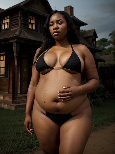 Plus size model, bloated belly, African woman, bikini, haunted house