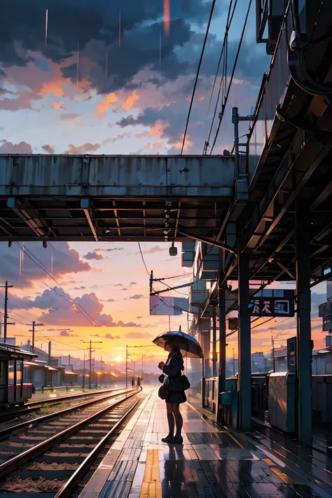 highest quality, beautiful vast plains, lush, flower, earth, horizon, (detailed modern station platform with a girl), cumulonimb...