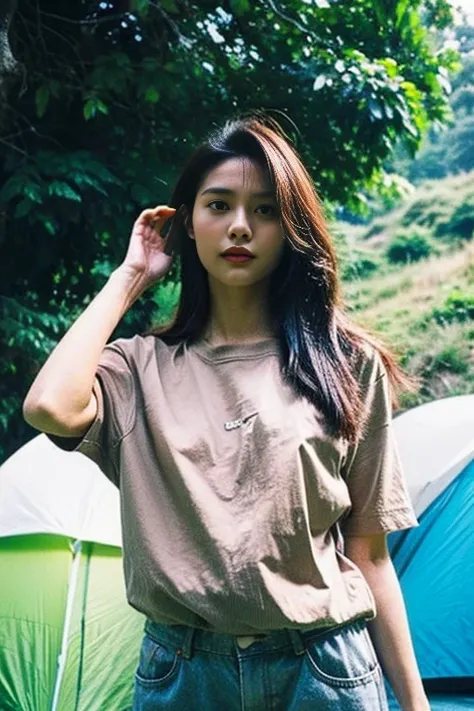 Wild camping，1 beautiful woman，standing，Hands behind your head，Full body female love，beautiful face，Highly detailed facial details，Realistic skin texture，long hair，long legs，Complex shirts，tight shorts，start from below，美丽的long legs，