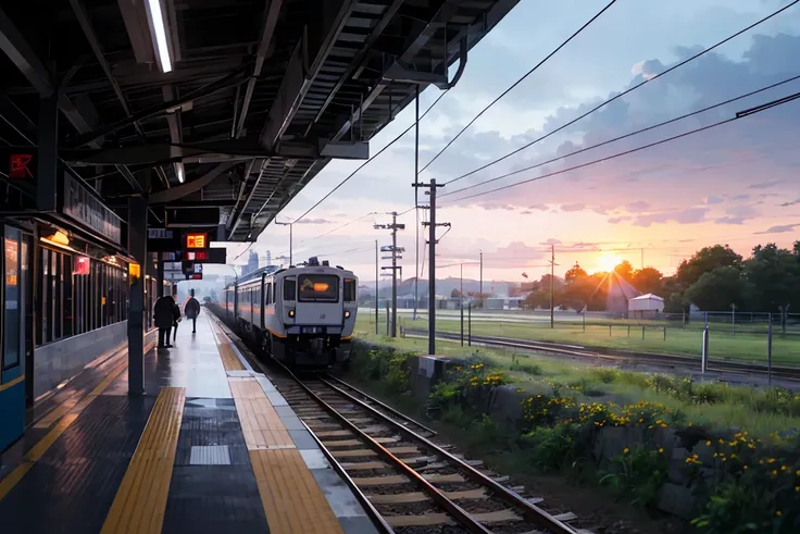 highest quality, movie light effects, beautiful vast plains, Lush, flower, earth, horizon, (Detailed modern station platform with a girl), cumulonimbus, Sunset, sudden rain, eki platform, shinkai makoto