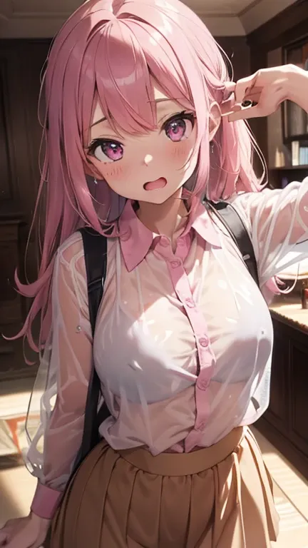 mastute piece,Best Quality,insanely detailed,8k cg,nsfw,shoot upper body,(body in front:1.1),1girl,standing,looking at viewer,(see-through pink collared shirt:1.3),(see-through brown skirt:1.3),see-through skirt,open clothes,break,blush,shy,ecstasy face,ga...