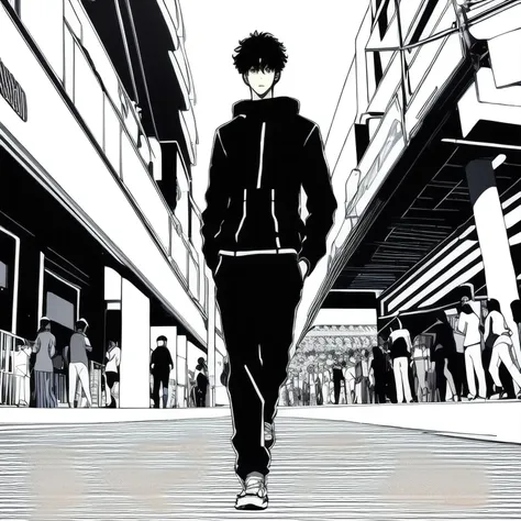 (best quality: 1.5, masterpiece, minimalist, lineart: 1.5, anime), solo: 2, 1 boy, 1 teenager,walking through a pedestrian,crowd...