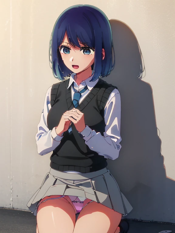 (((mini skirt)))，beautiful lighting, 1 girl, alone, Akane, uniform，white shirt, sweater vest, black vest, blue tie, (((黒のmini skirt)))，((anime style))、((2D))、laughter、open your mouth，(((put your hand inside your pants))), (( Masturbate by touching your vag...