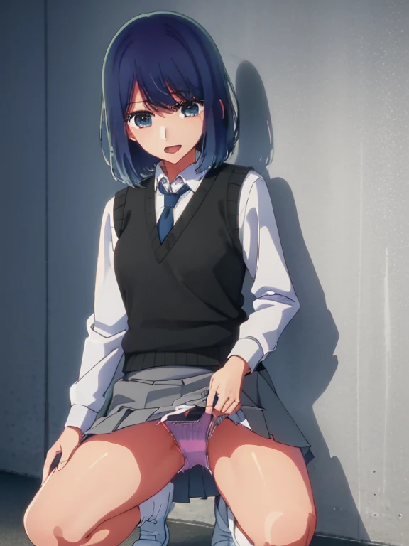 (((mini skirt)))，beautiful lighting, 1 girl, alone, Akane, uniform，white shirt, sweater vest, black vest, blue tie, (((黒のmini skirt)))，((anime style))、((2D))、laughter、open your mouth，(((put your hand inside your pants))), (( Masturbate by touching your vag...