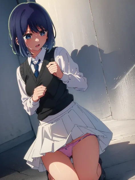 (((mini skirt)))，beautiful lighting, 1 girl, alone, Akane, uniform，white shirt, sweater vest, black vest, blue tie, (((黒のmini skirt)))，((anime style))、((2D))、laughter、open your mouth，(((put your hand inside your pants))), (( Masturbate by touching your vag...