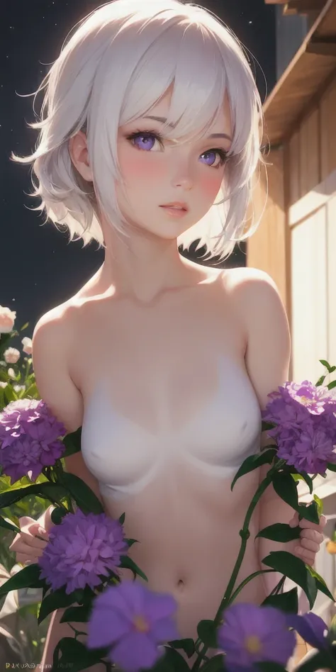 realistic, 1 nude girl, white hair, purple eyes, glowing eyes,  parted lips, blush, night, flowers, sun, sunlight,